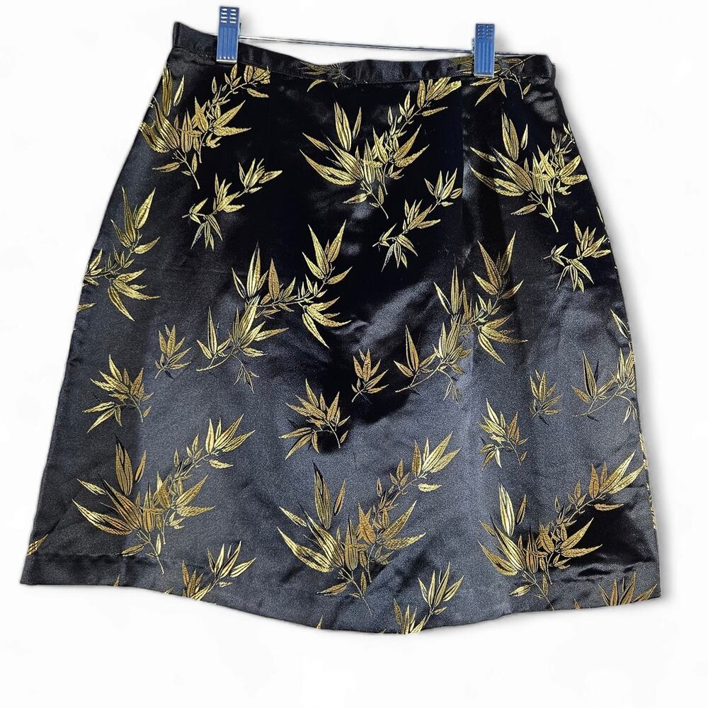 EUC VTG Solz‎ Squirrel Brocade Mini Skirt Sz. L* Black & Gold Bamboo Print